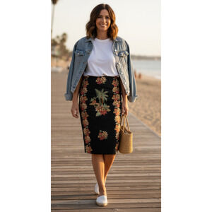 Vintage Dolce Apparel Womens Medium Beaded Tropical Print Midi‎ Pencil Skirt Y2K